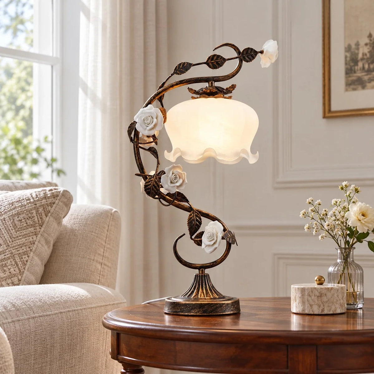 Vintage Floral Glass Bedside Table Lamp