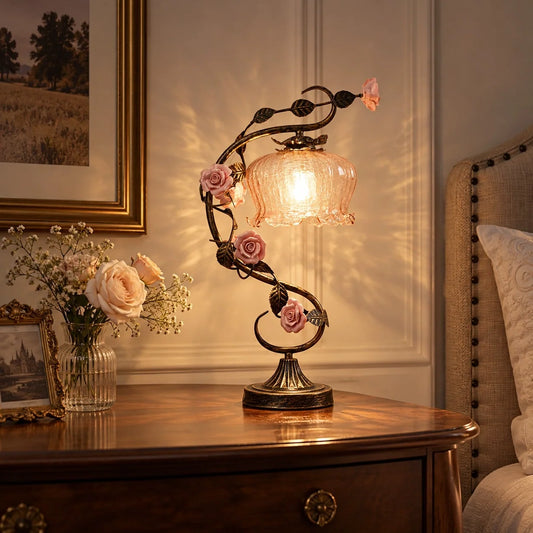 Vintage Floral Glass Bedside Table Lamp
