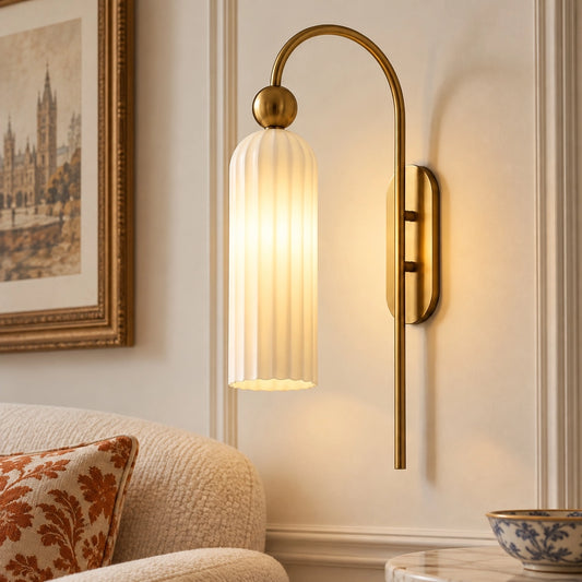 Vintage Gold Cylinder Vertical Ribbed Glass Wall Light