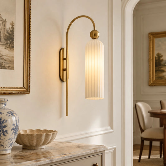 Vintage Gold Cylinder Vertical Ribbed Glass Wall Light