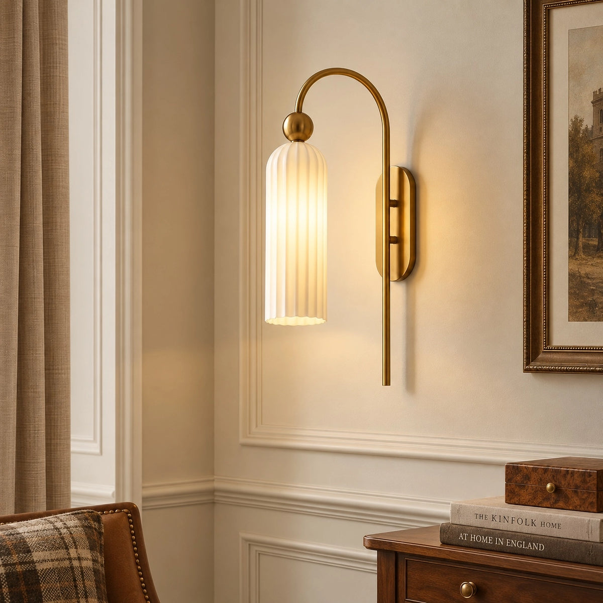 Vintage Gold Cylinder Vertical Ribbed Glass Wall Light