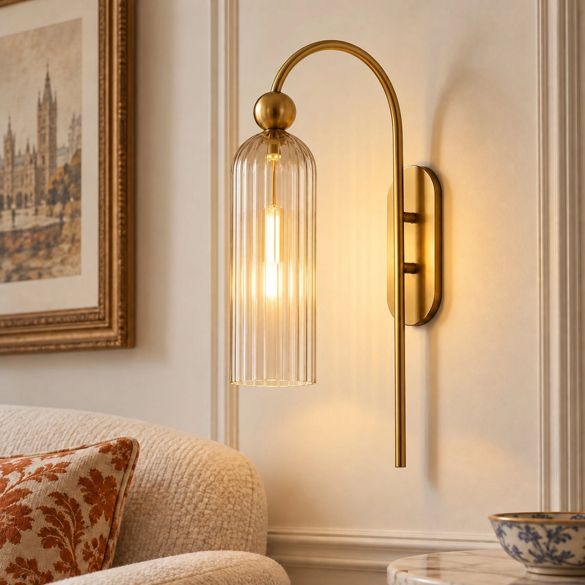 Vintage Gold Cylinder Vertical Ribbed Glass Wall Light
