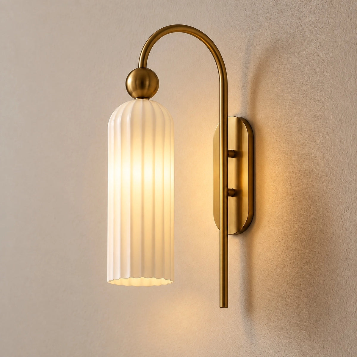 Vintage Gold Cylinder Vertical Ribbed Glass Wall Light