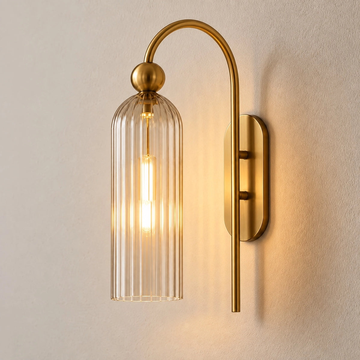 Vintage Gold Cylinder Vertical Ribbed Glass Wall Light