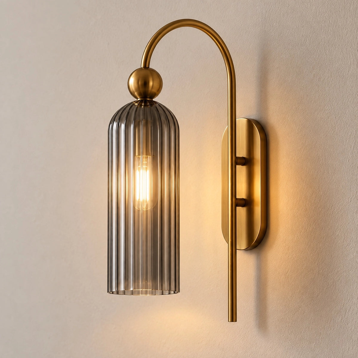 Vintage Gold Cylinder Vertical Ribbed Glass Wall Light