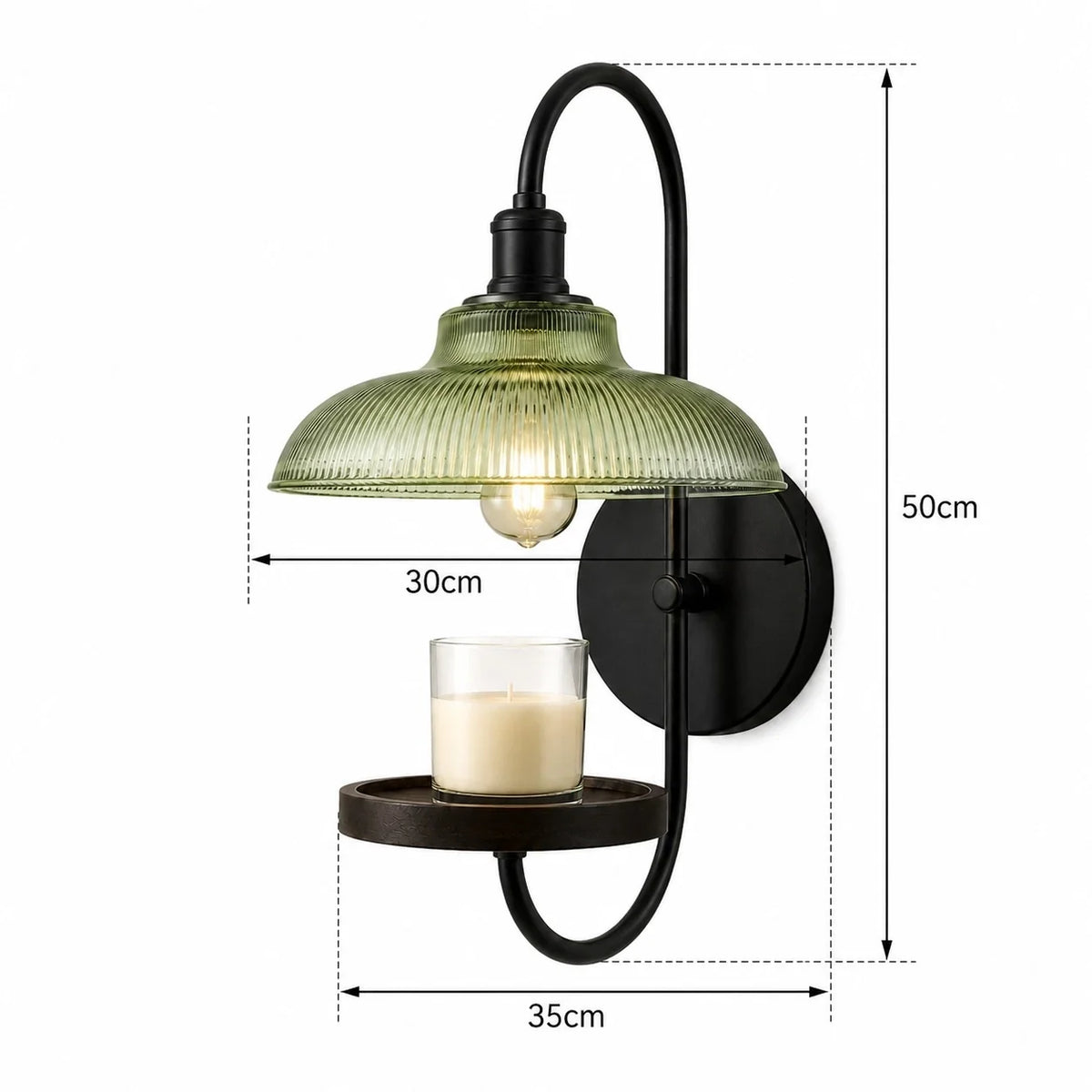 Vintage Green Ribbed Glass Candle Wall Sconce