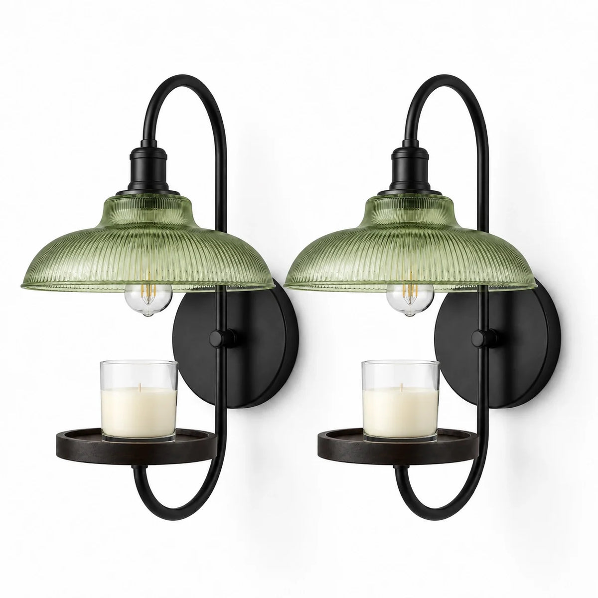 Vintage Green Ribbed Glass Candle Wall Sconce
