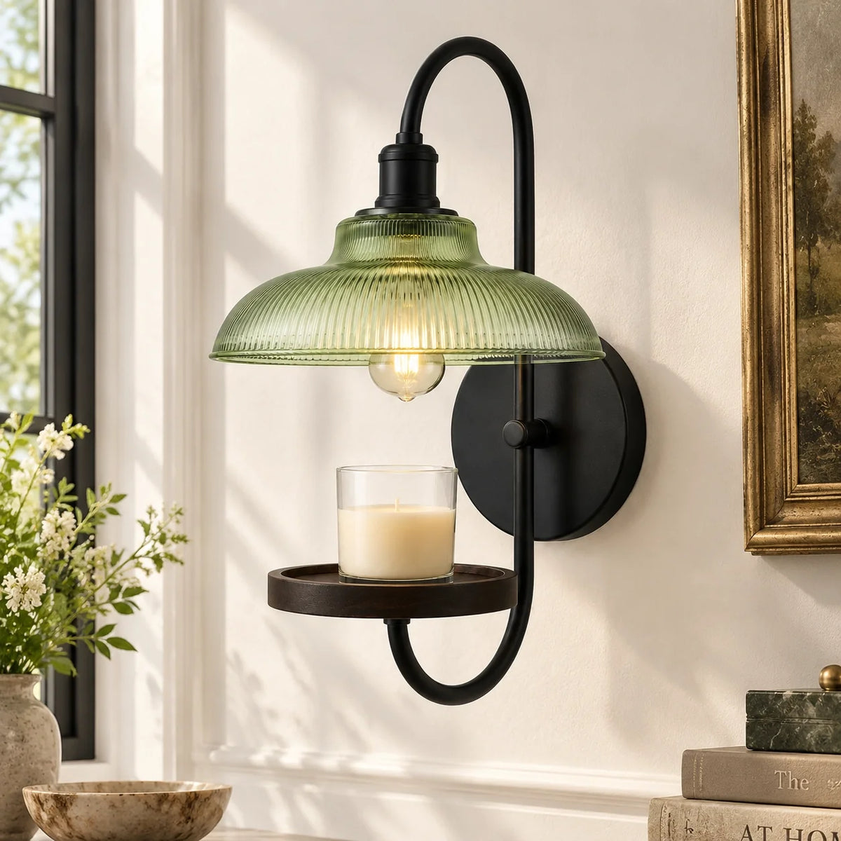 Vintage Green Ribbed Glass Candle Wall Sconce