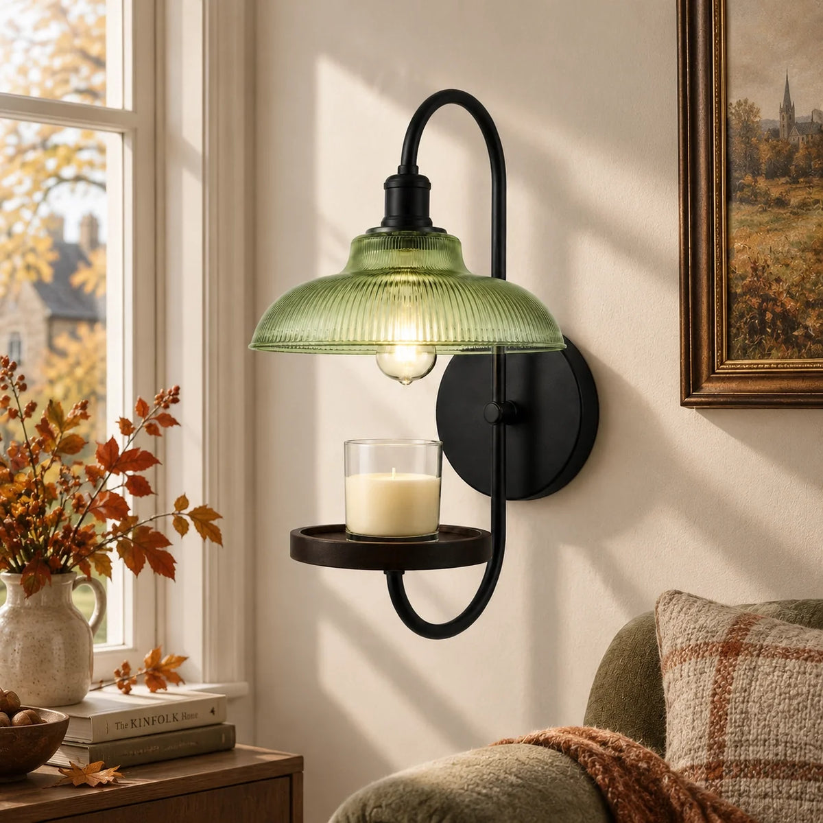 Vintage Green Ribbed Glass Candle Wall Sconce