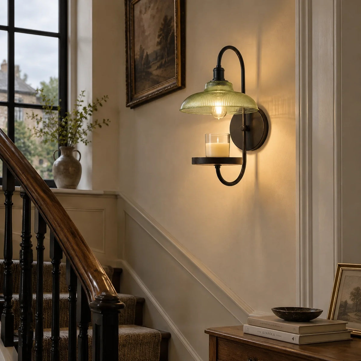 Vintage Green Ribbed Glass Candle Wall Sconce