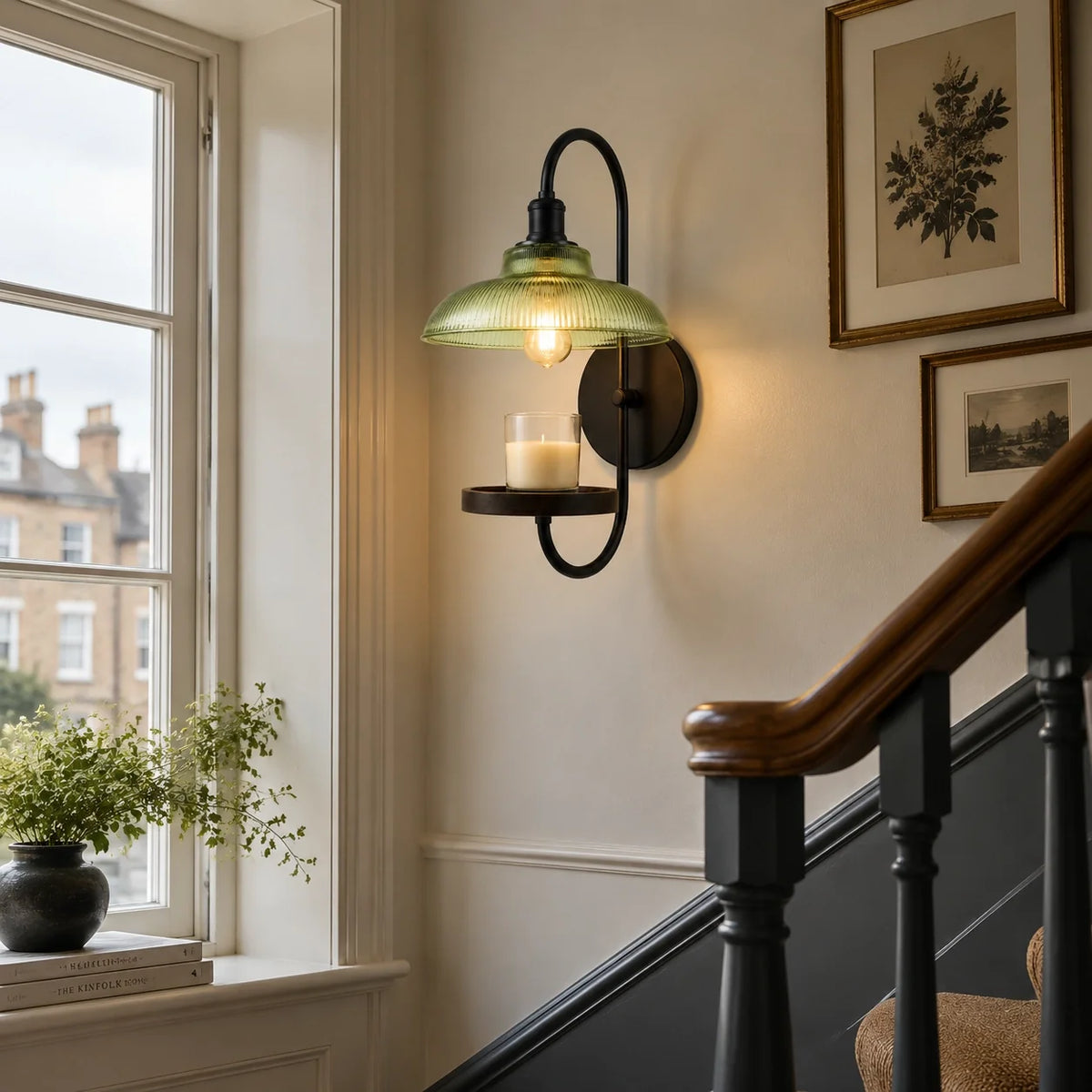 Vintage Green Ribbed Glass Candle Wall Sconce
