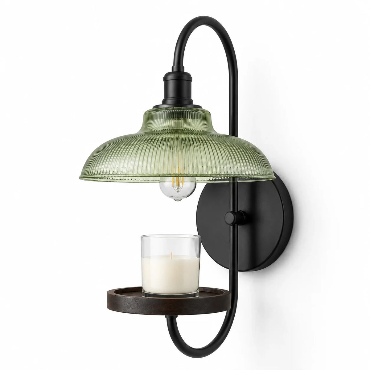Vintage Green Ribbed Glass Candle Wall Sconce