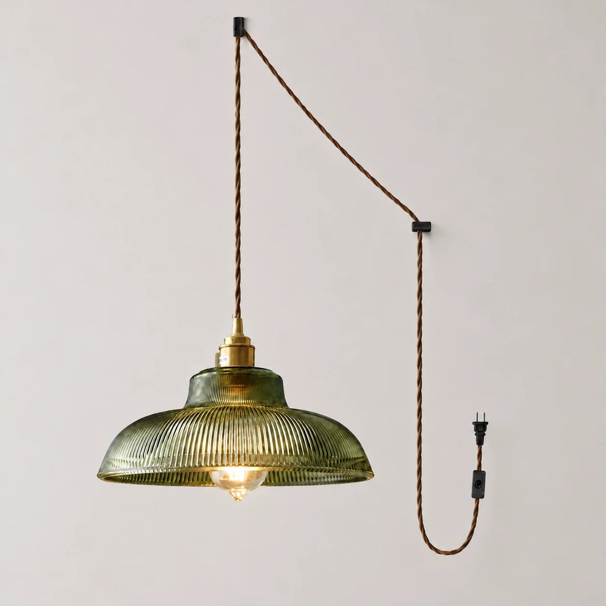 Vintage Green Ribbed Glass Plug-In Pendant Light