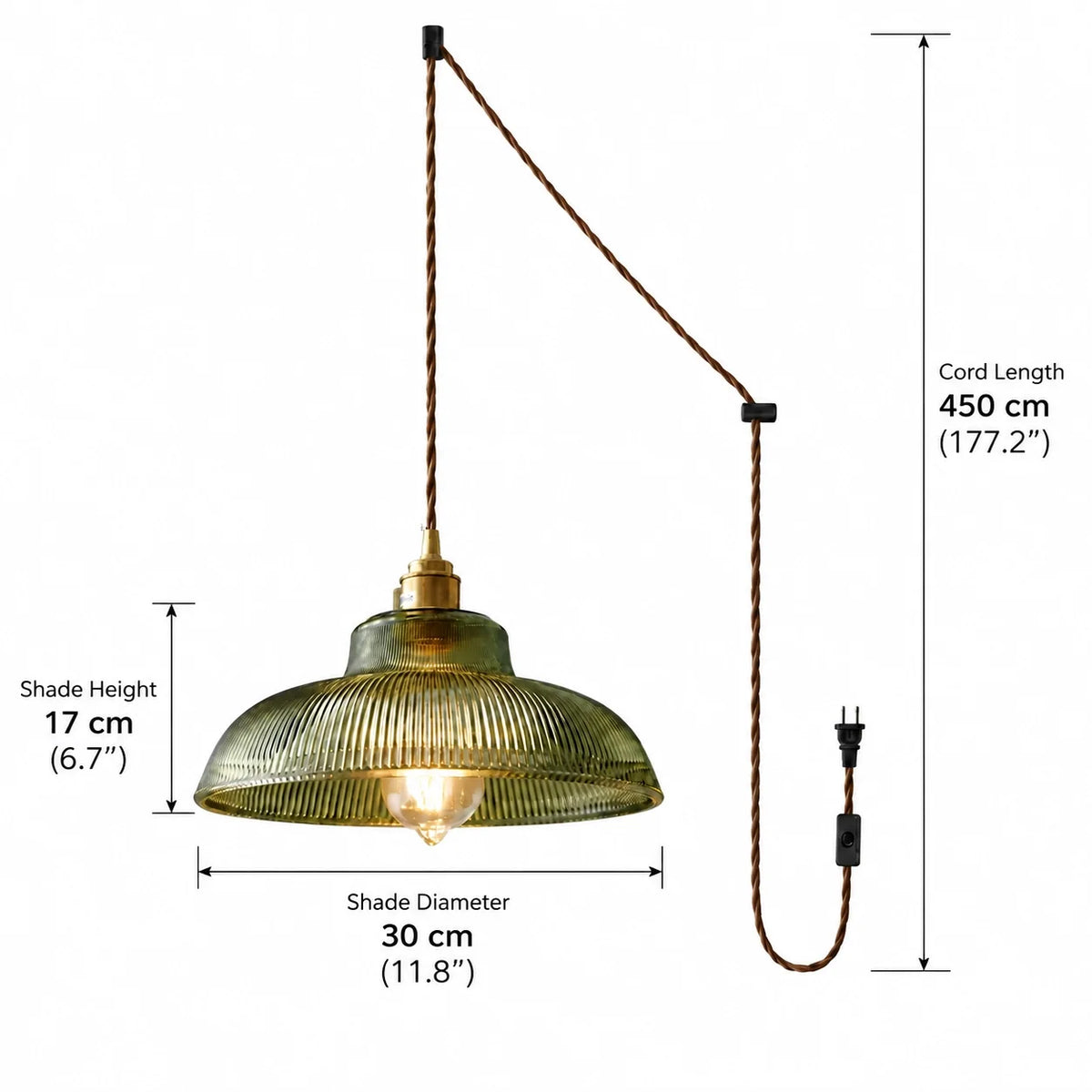 Vintage Green Ribbed Glass Plug-In Pendant Light