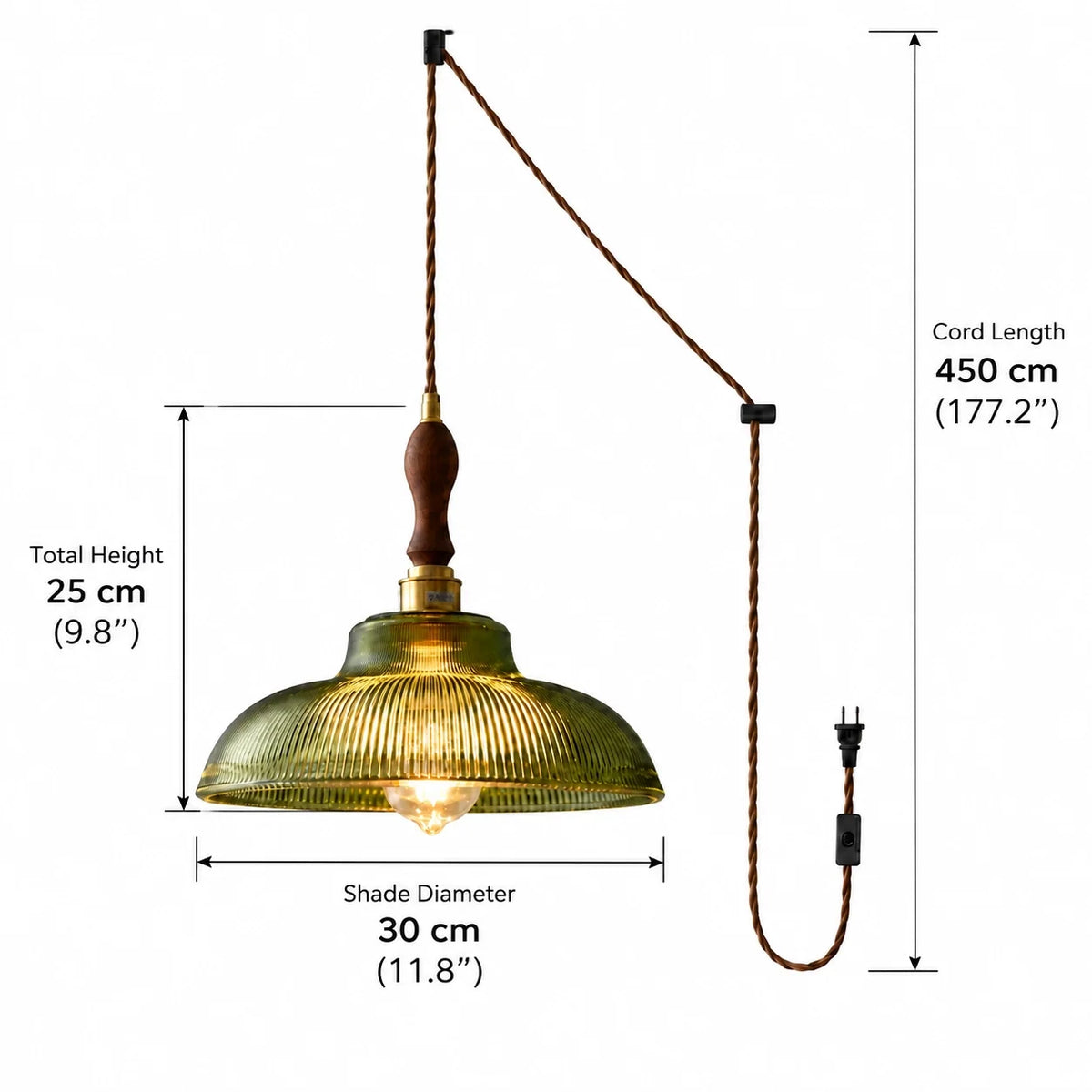 Vintage Green Ribbed Glass Plug-In Pendant Light