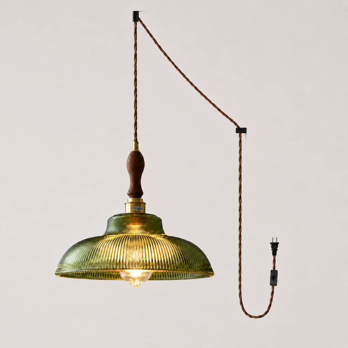 Vintage Green Ribbed Glass Plug-In Pendant Light