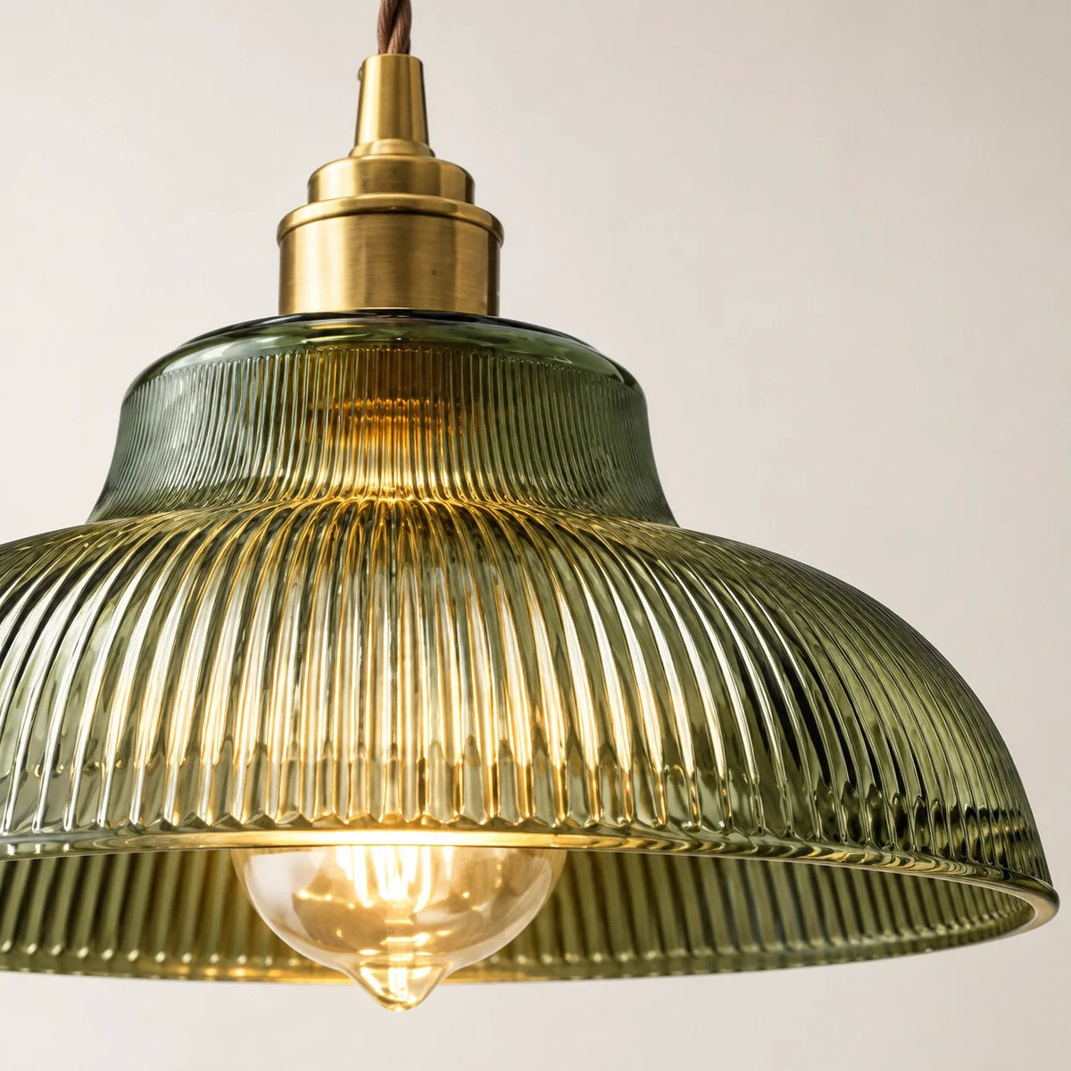 Vintage Green Ribbed Glass Plug-In Pendant Light