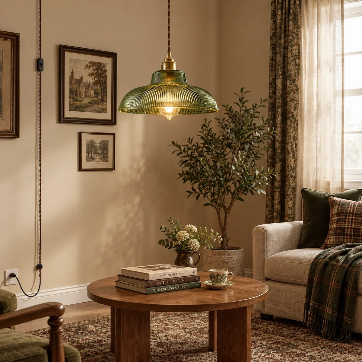 Vintage Green Ribbed Glass Plug-In Pendant Light