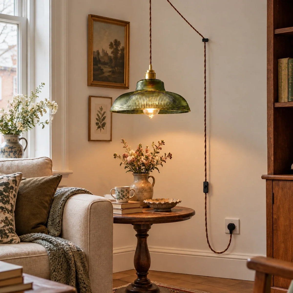 Vintage Green Ribbed Glass Plug-In Pendant Light