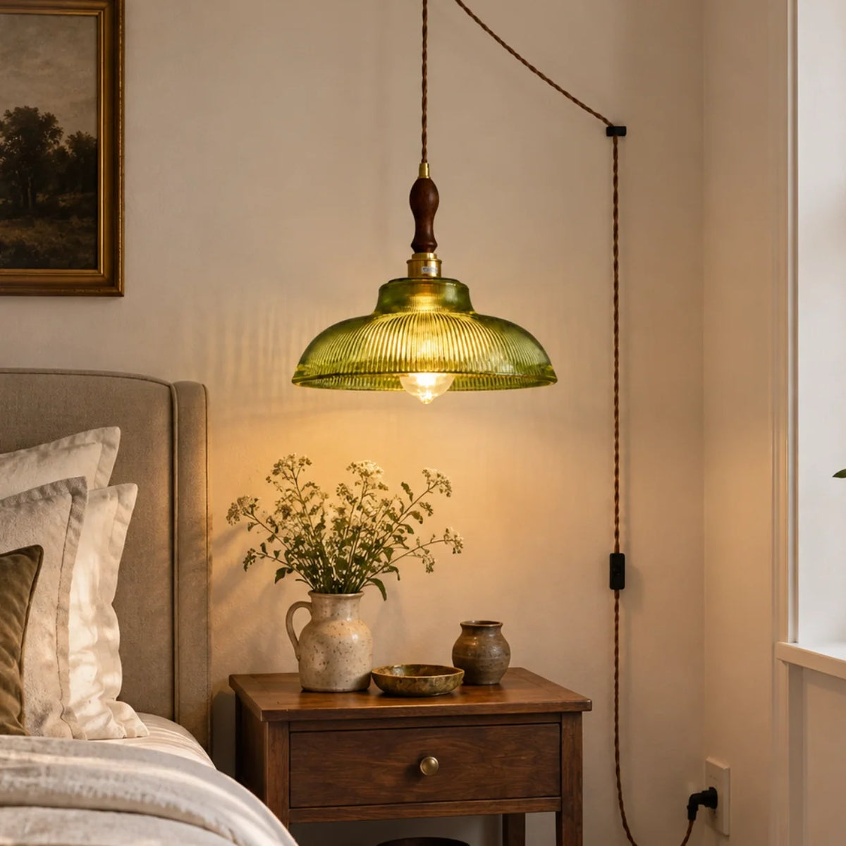 Vintage Green Ribbed Glass Plug-In Pendant Light
