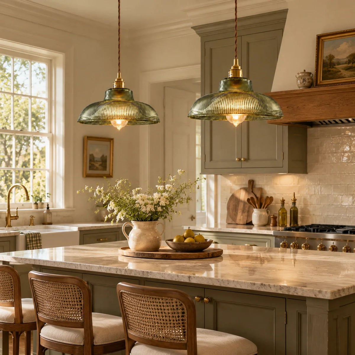 Vintage Green Ribbed Glass Plug-In Pendant Light