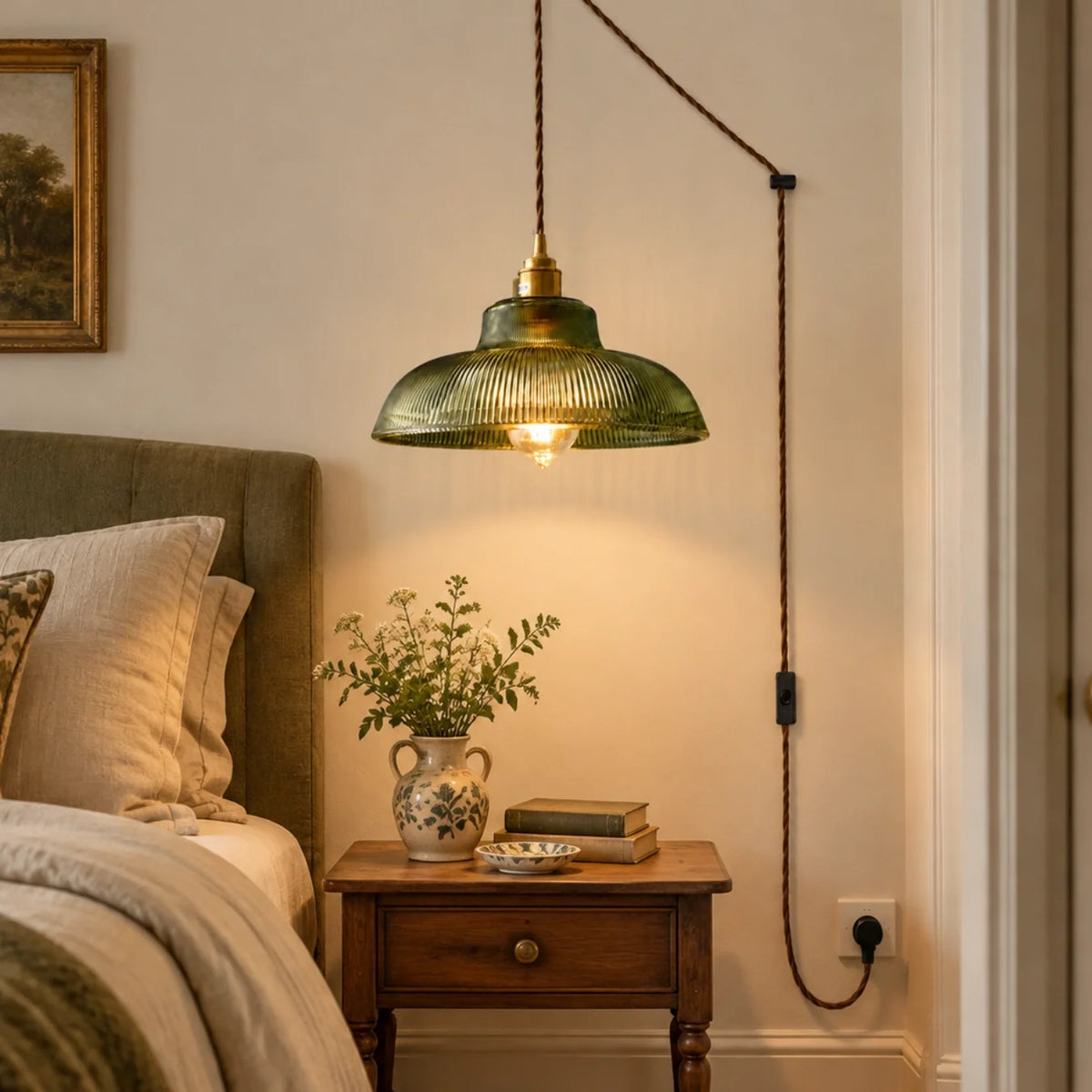 Vintage Green Ribbed Glass Plug-In Pendant Light