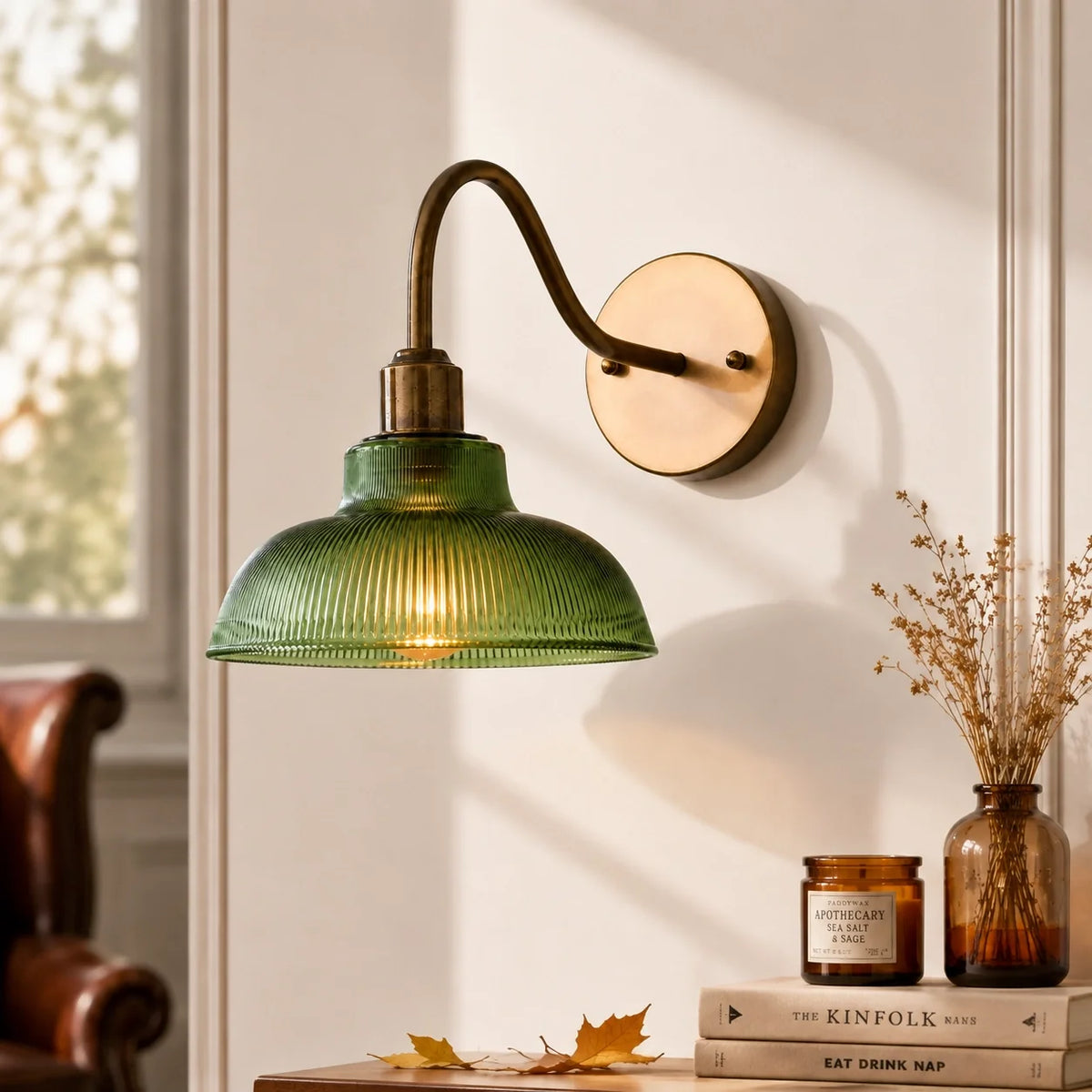 Vintage Green Ribbed Glass Wall Light