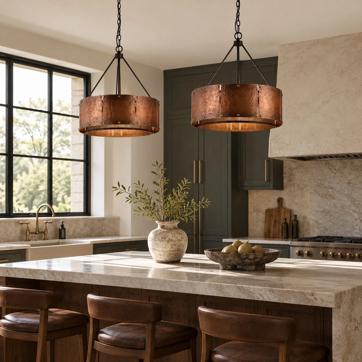 Vintage Industrial Bronze Drum Pendant Light