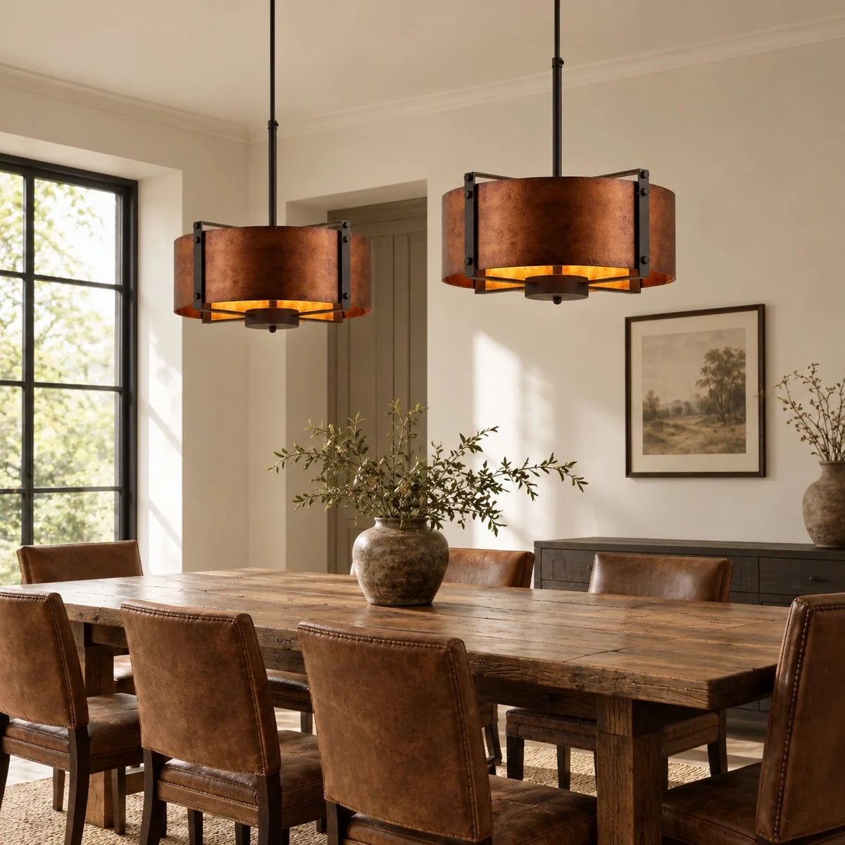 Vintage Industrial Bronze Drum Pendant Light