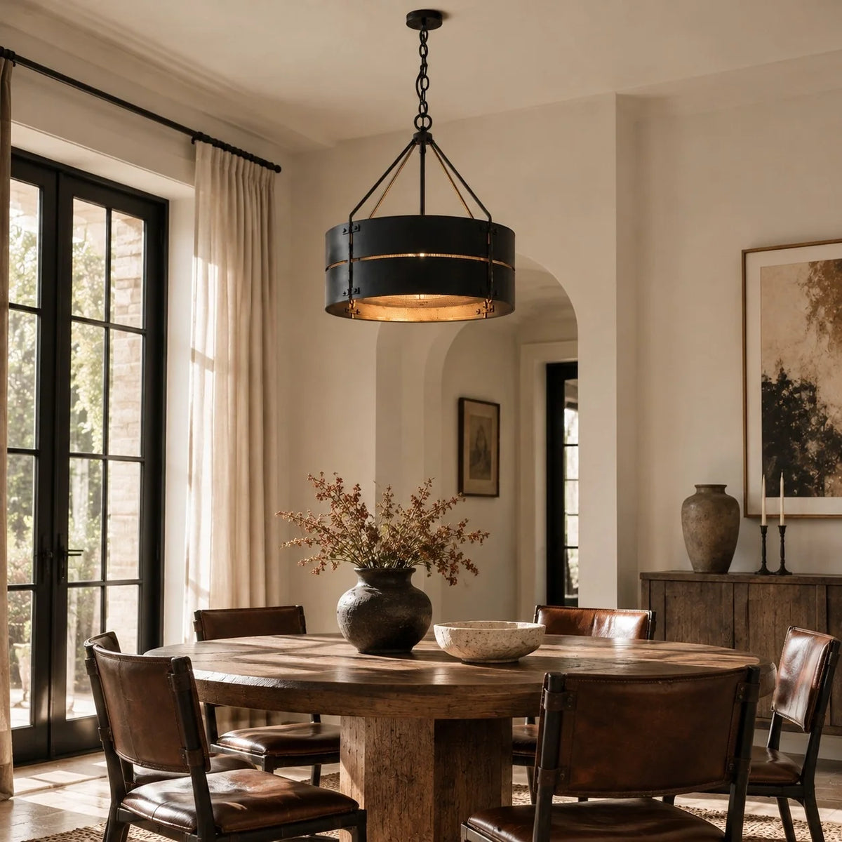 Vintage Industrial Bronze Drum Pendant Light