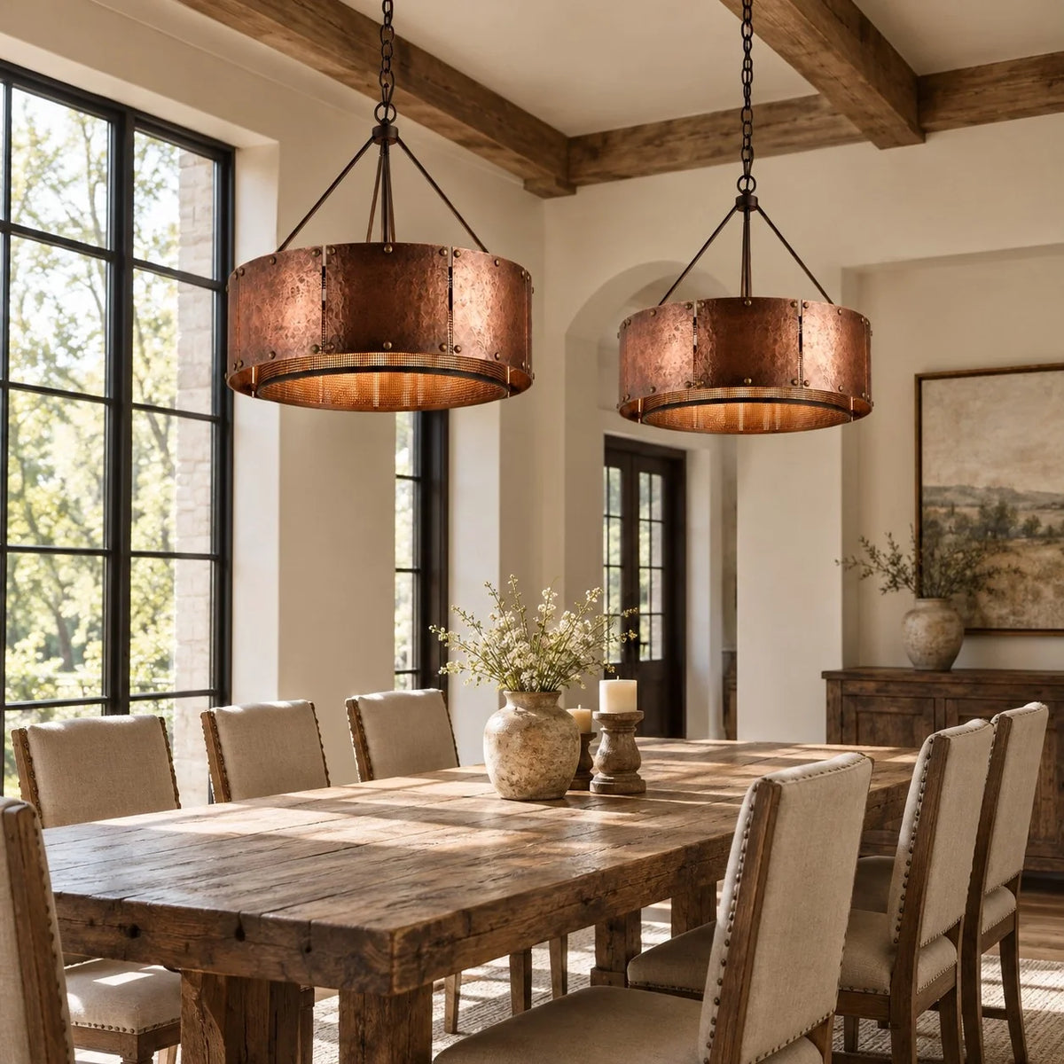 Vintage Industrial Bronze Drum Pendant Light