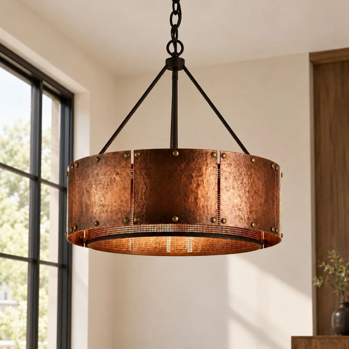 Vintage Industrial Bronze Drum Pendant Light
