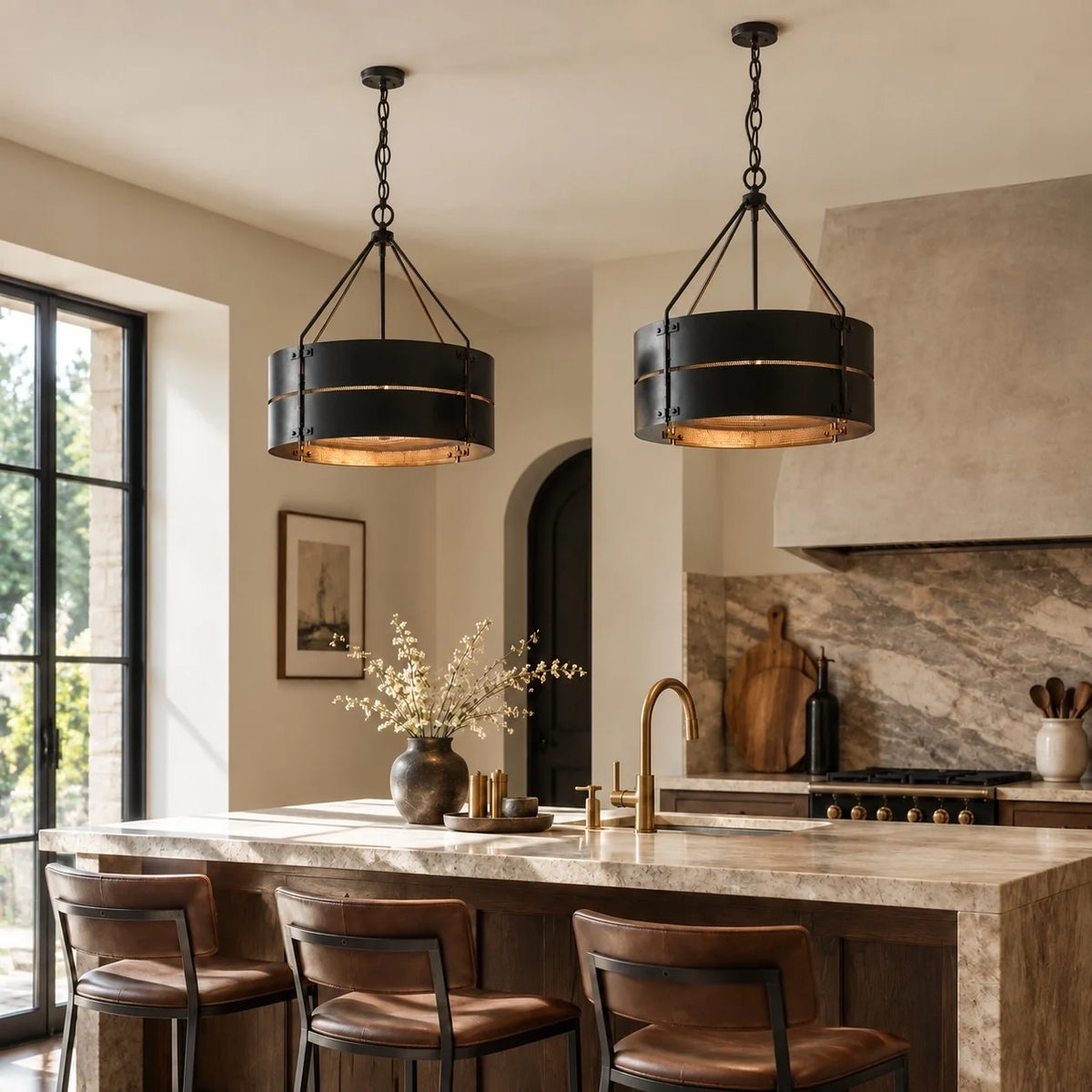 Vintage Industrial Bronze Drum Pendant Light