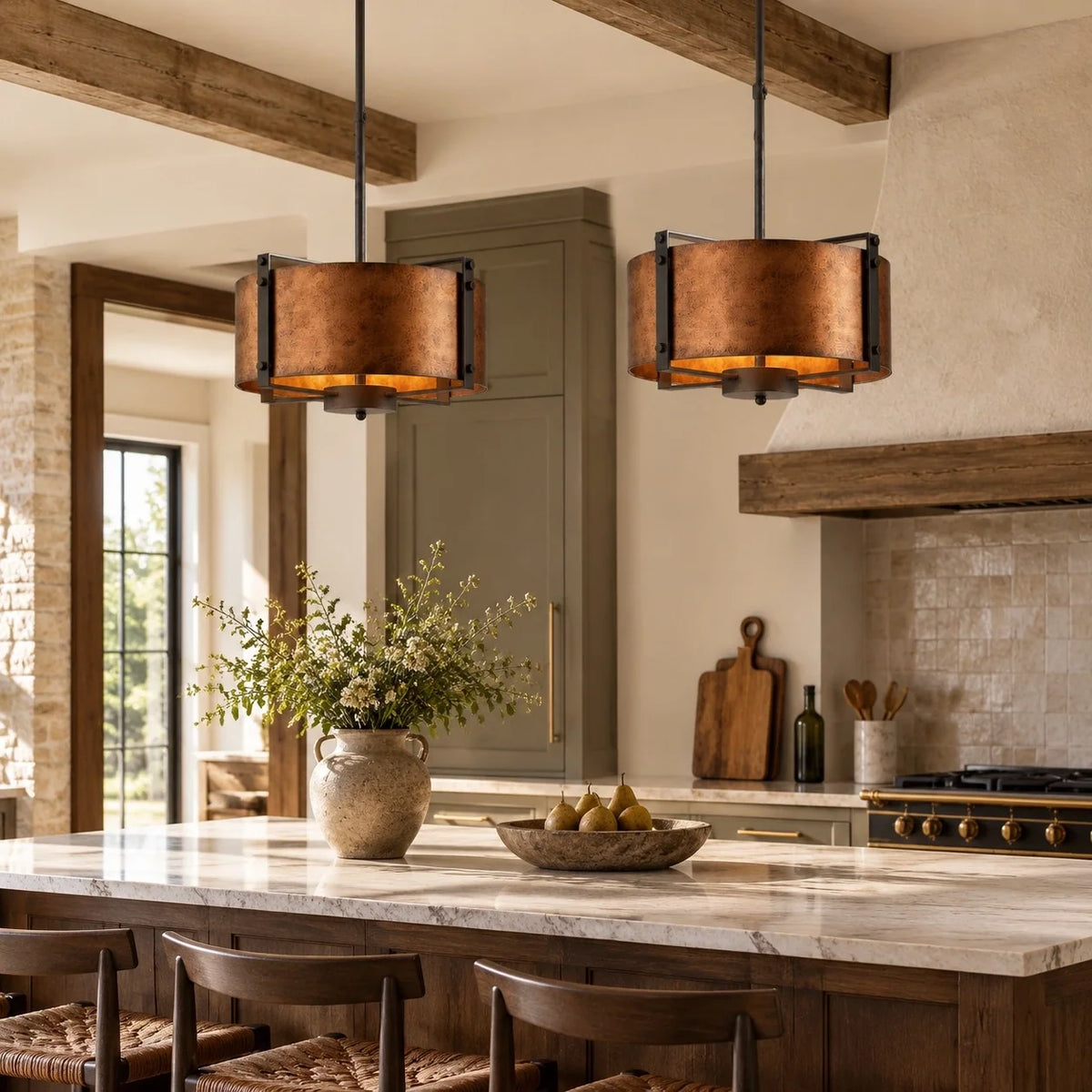 Vintage Industrial Bronze Drum Pendant Light
