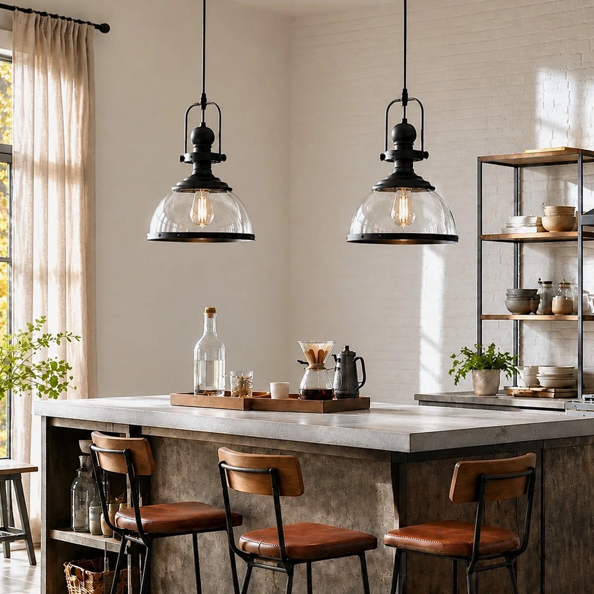 Vintage Industrial Clear Glass Dome Metal Frame Pendant Light