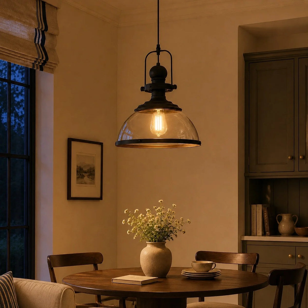Vintage Industrial Clear Glass Dome Metal Frame Pendant Light