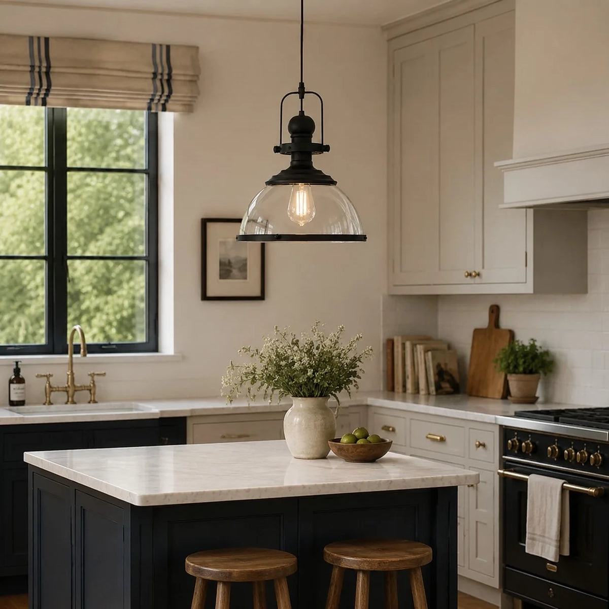 Vintage Industrial Clear Glass Dome Metal Frame Pendant Light