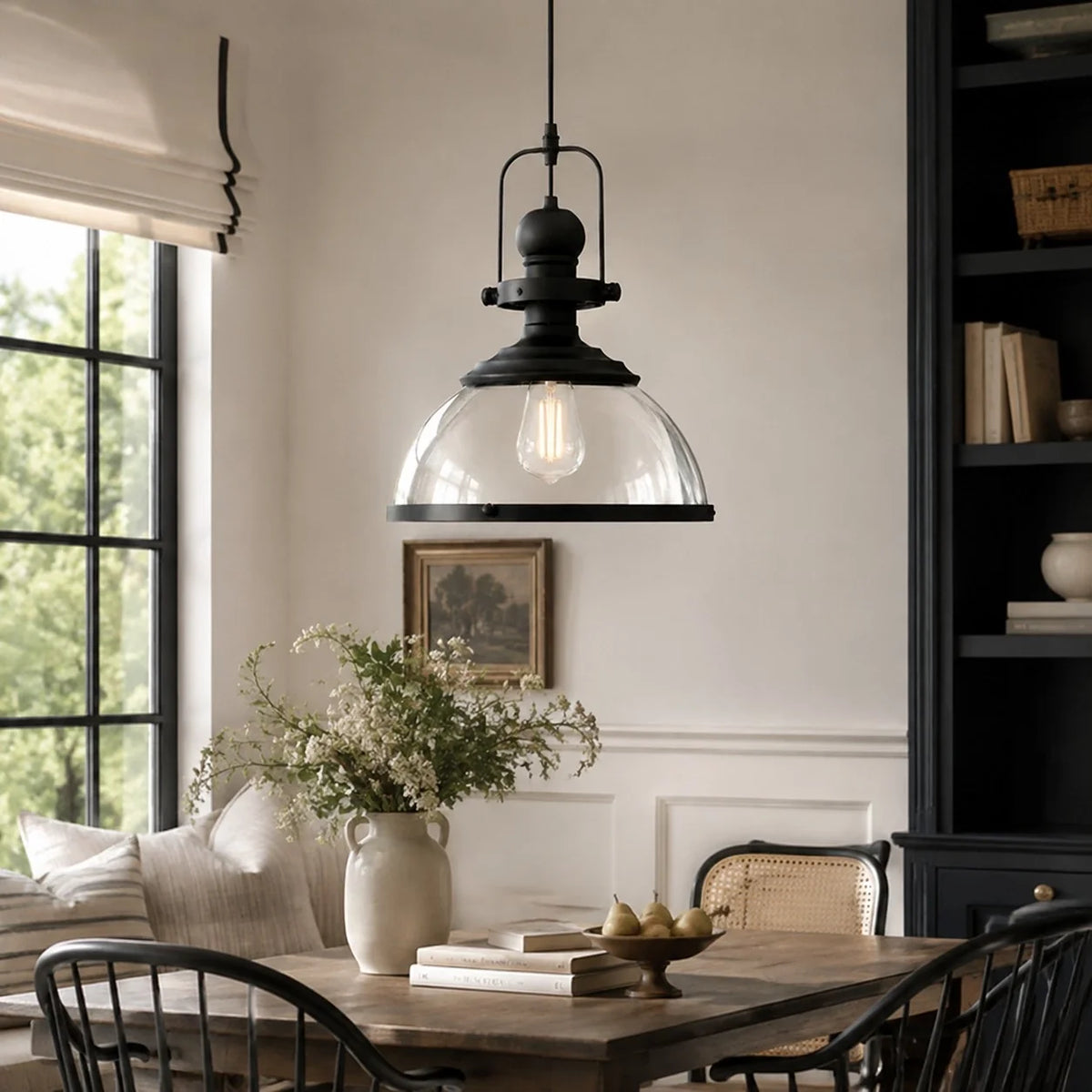 Vintage Industrial Clear Glass Dome Metal Frame Pendant Light