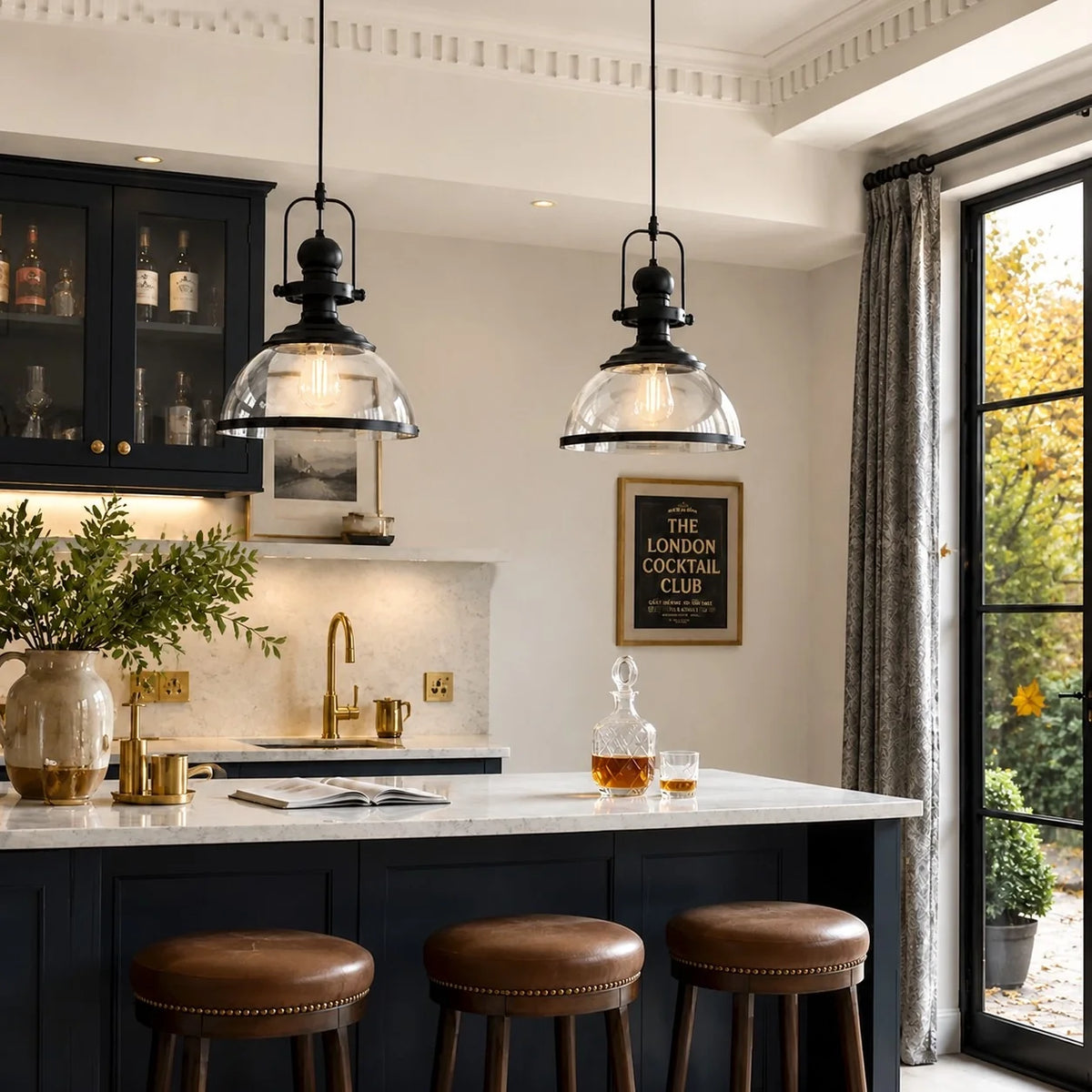 Vintage Industrial Clear Glass Dome Metal Frame Pendant Light