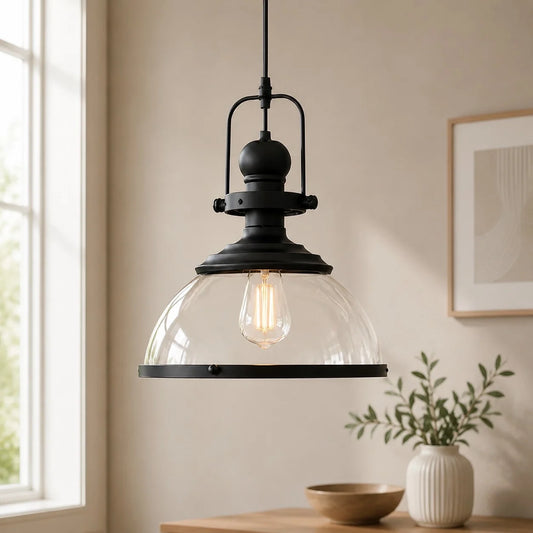 Vintage Industrial Clear Glass Dome Metal Frame Pendant Light