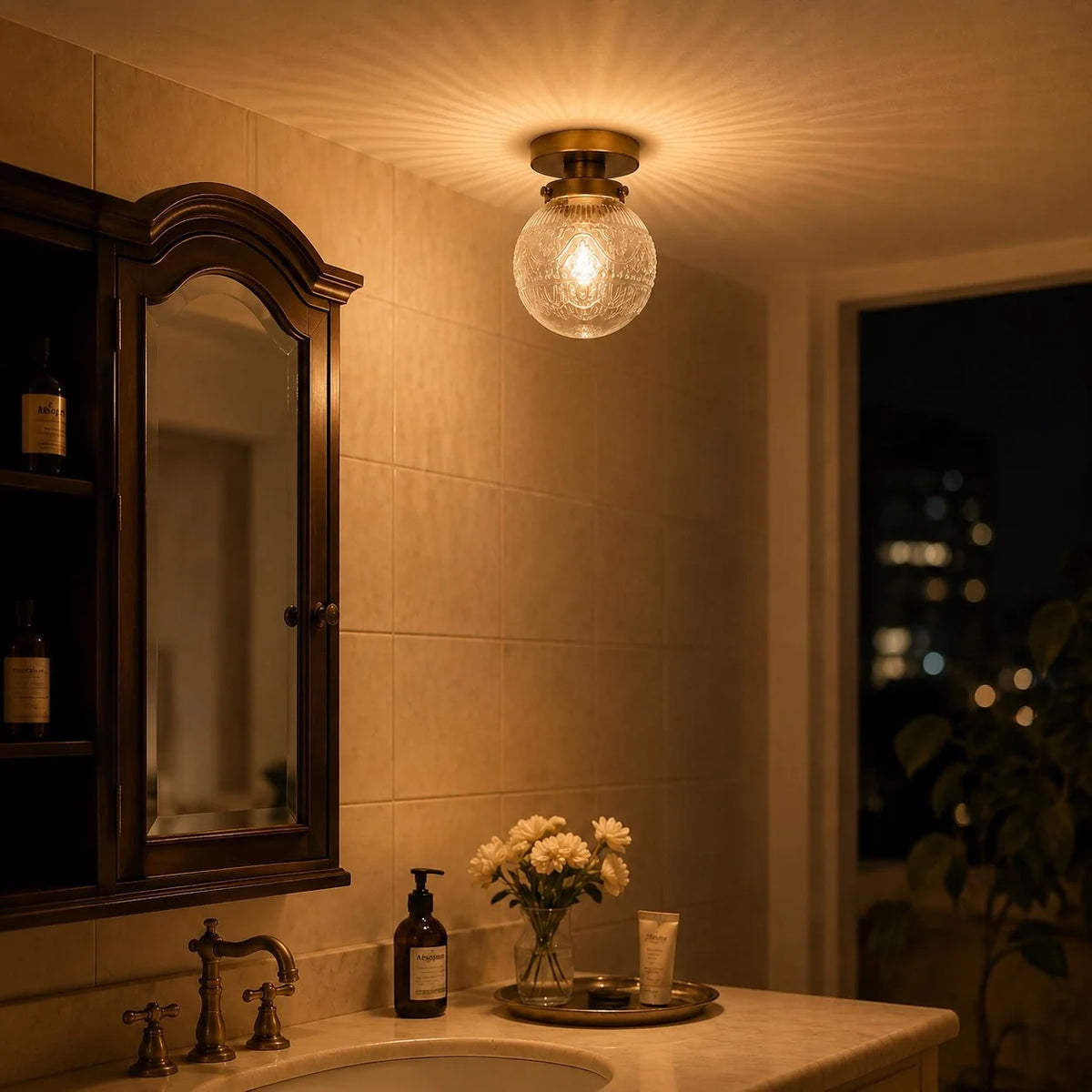 Vintage Patterned Glass Globe Flush Ceiling Light