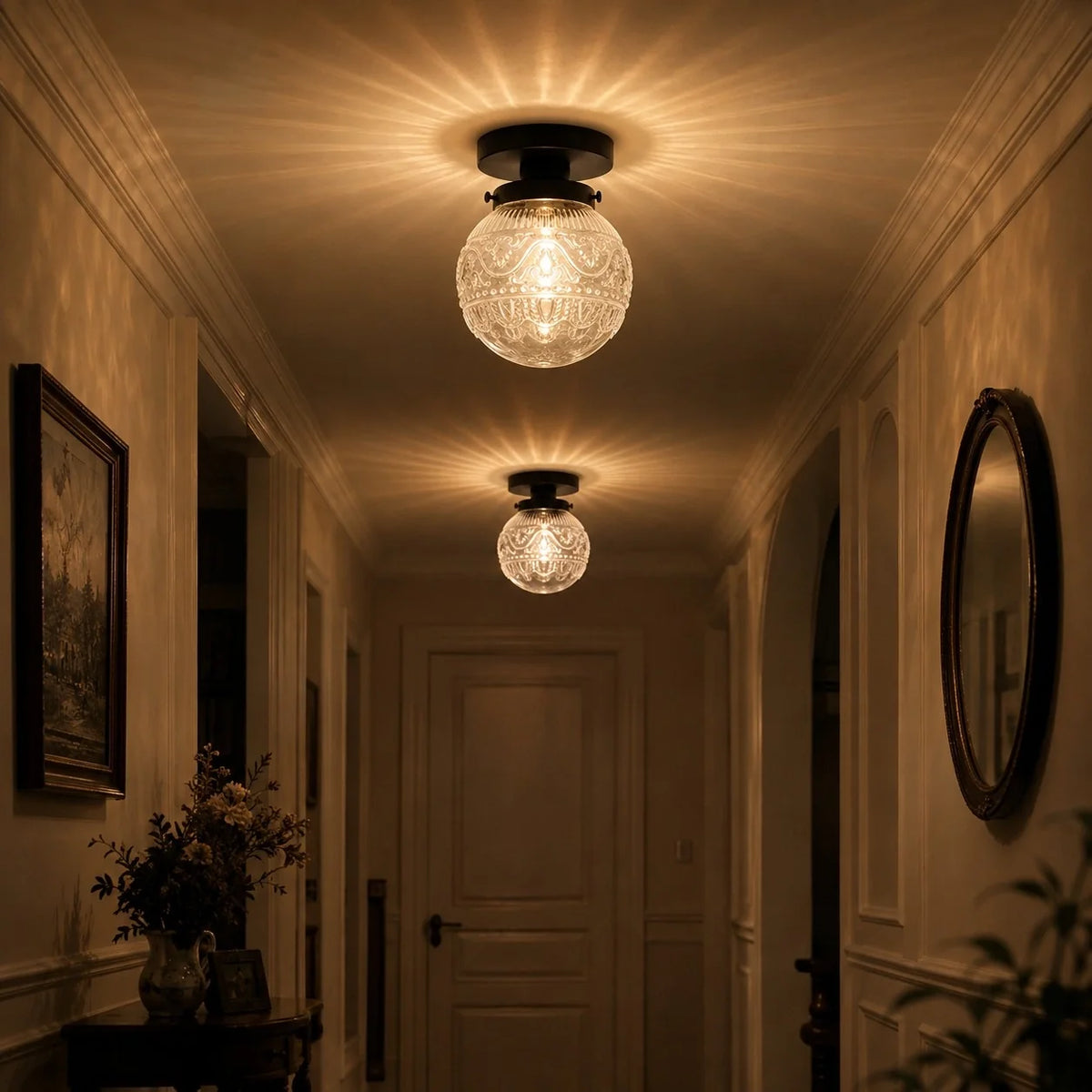 Vintage Patterned Glass Globe Flush Ceiling Light