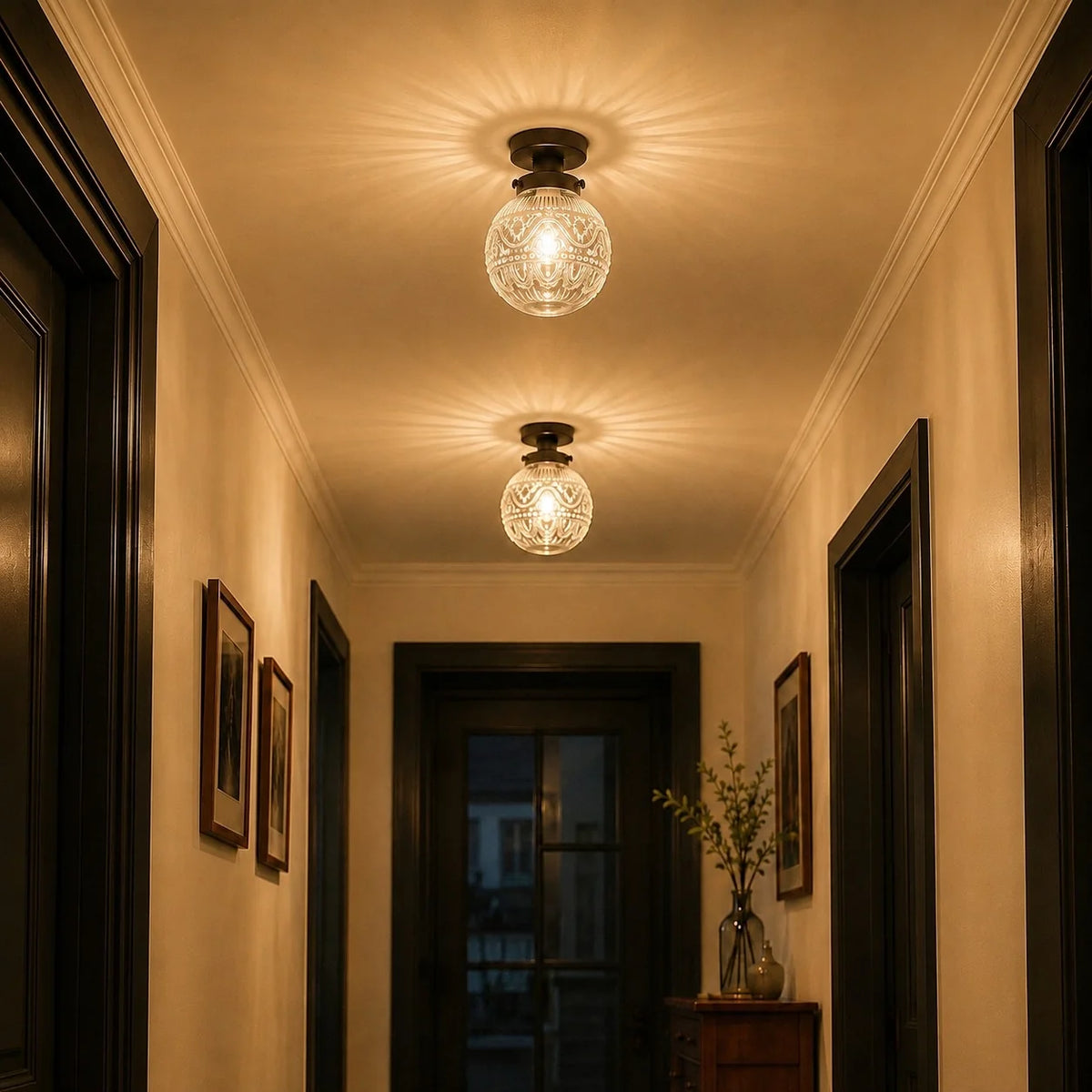 Vintage Patterned Glass Globe Flush Ceiling Light