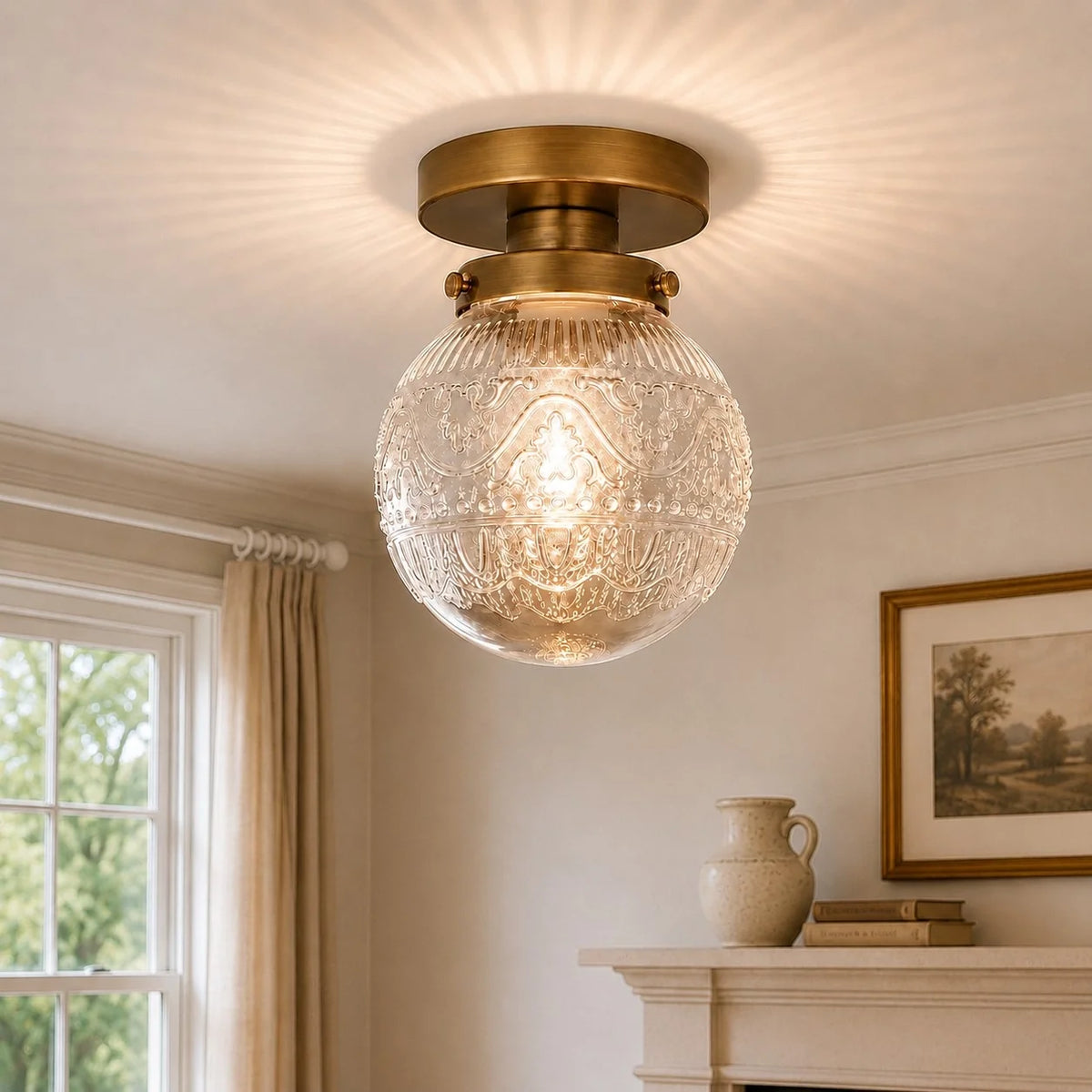 Vintage Patterned Glass Globe Flush Ceiling Light