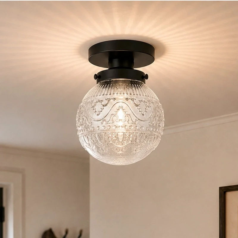 Vintage Patterned Glass Globe Flush Ceiling Light
