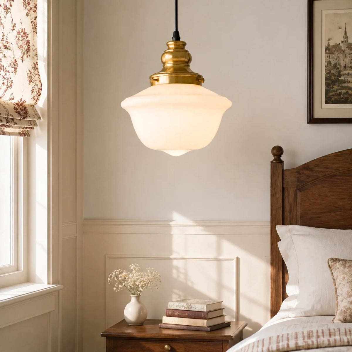 Vintage Milk Glass Schoolhouse Pendant Light