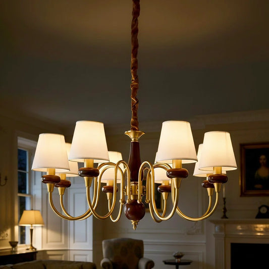 Vintage Multi-Tier Brass & Walnut Fabric Chandelier