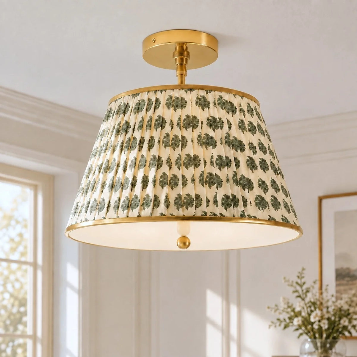 Vintage Printed Pleated Brass Ceiling Light Lamp