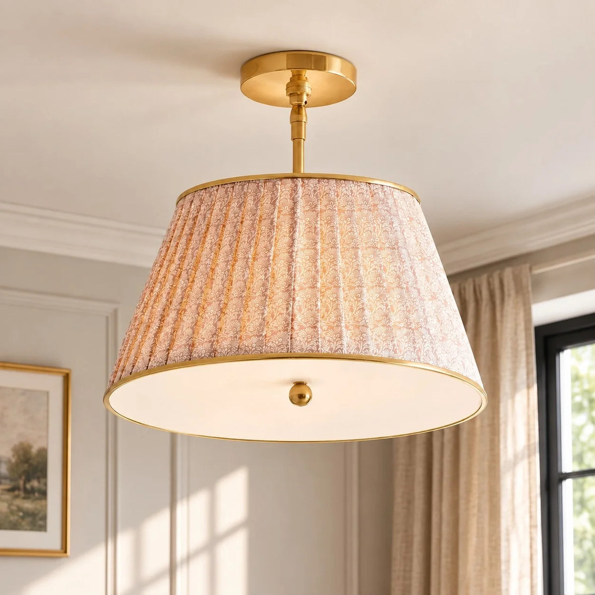 Vintage Printed Pleated Brass Ceiling Light Lamp