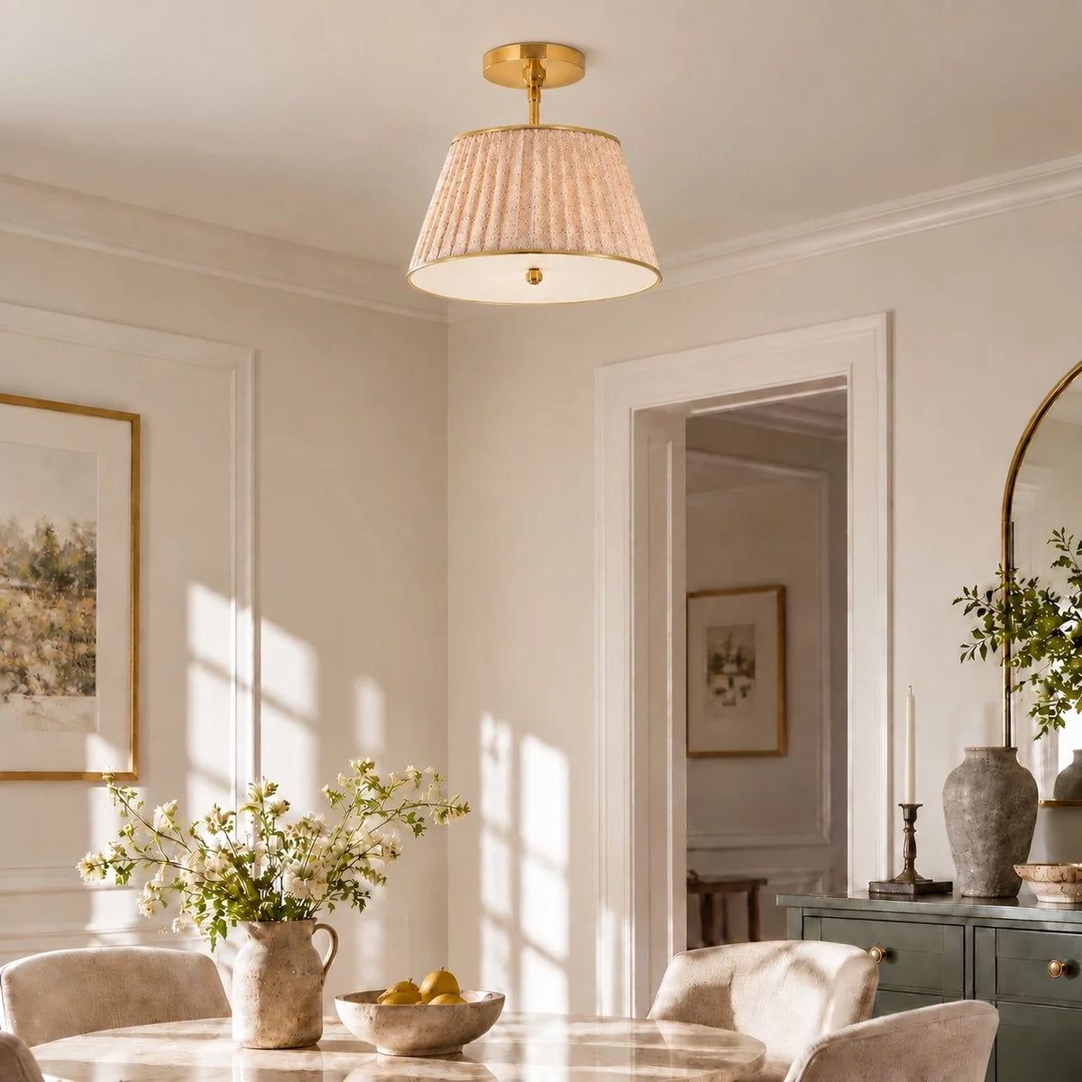Vintage Printed Pleated Brass Ceiling Light Lamp